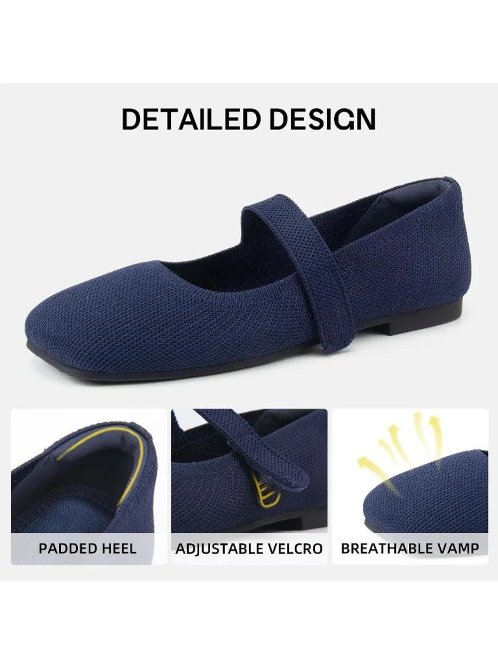 Women's Navy Rubber Knit Wide Toe Adjustable Straps Flat Slip On Comfort Shoes